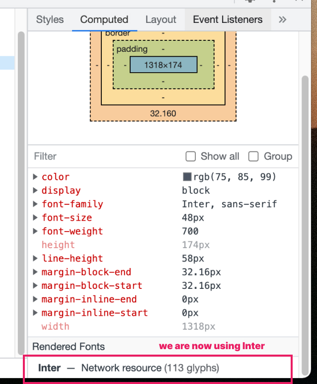 DevTools rendered font